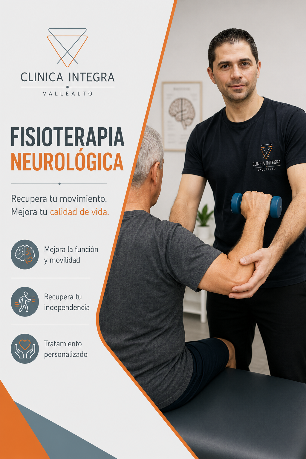 Fisioterapeuta realizando una sesión de fisioterapia neurológica para mejorar la movilidad y la independencia funcional de un paciente en Clínica Integra Vallealto, El Puerto de Santa María.