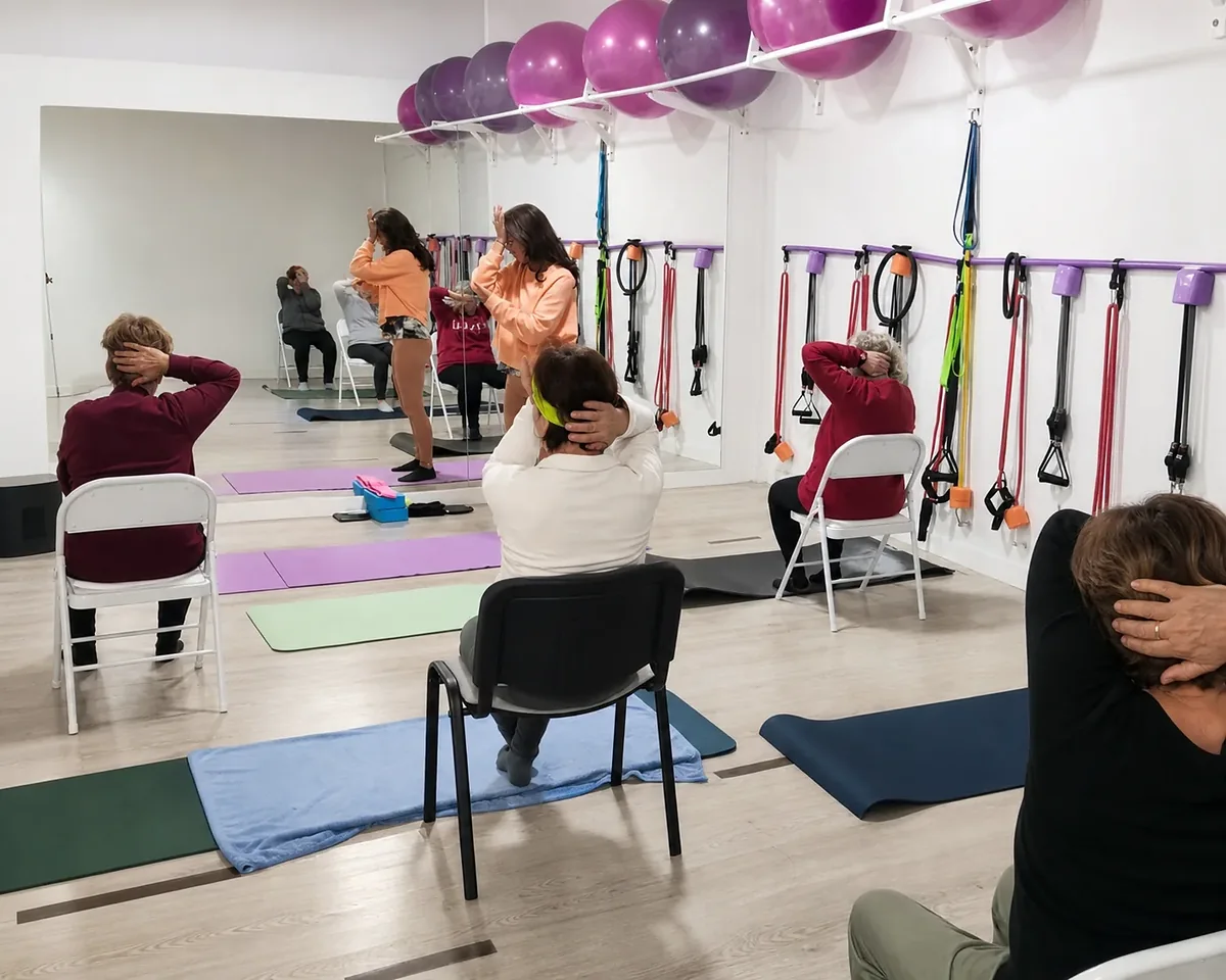 Clase guiada de Pilates adaptado con sillas y grupo reducido